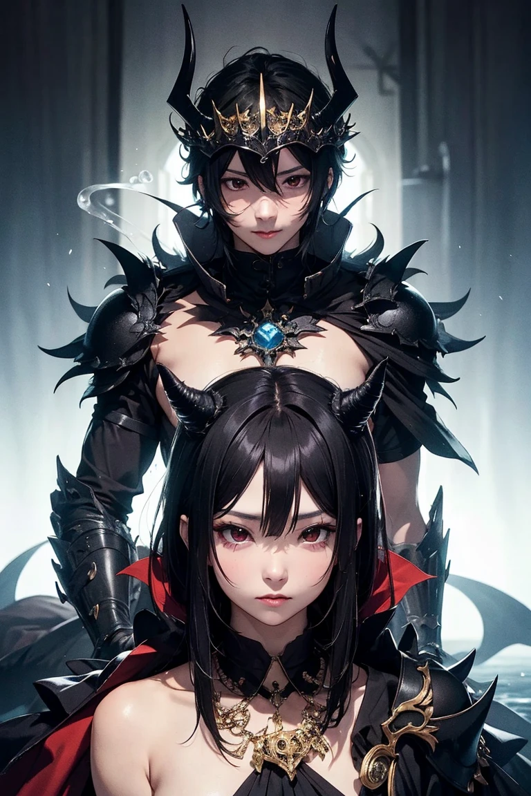 Daughter of darkness, mulher em volta de sombras, A monster behindgripping wide hipe, with twisted smile on his long sinister face, wears a jarring expression of lunacy, hers a look 