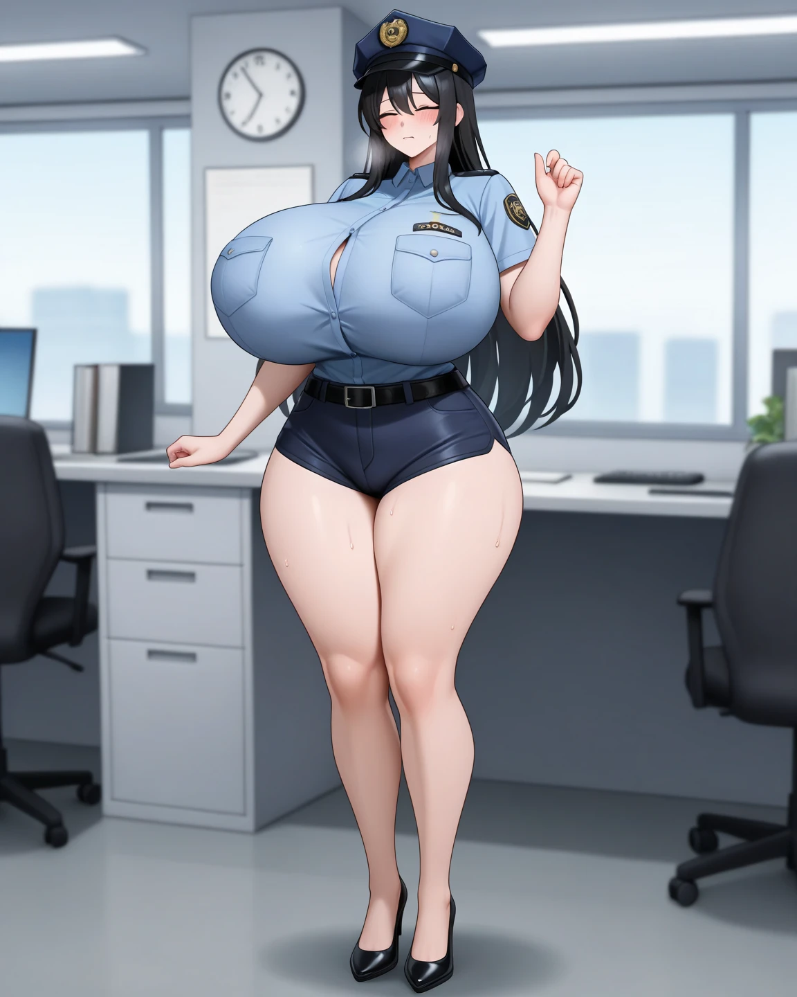 Light brown skinned woman, she has dark brown updo hair and black eyes and is wearing a black cap that says “FBI”, she has no shirt on and black jeans, she is very sexy, she is sitting in a chair while using her computer setup in her office, she is sexually aroused and horny, she is very curvy and has (((((extremely ginormous huge breasts))))) and ((((huge thighs)))) and a big butt,