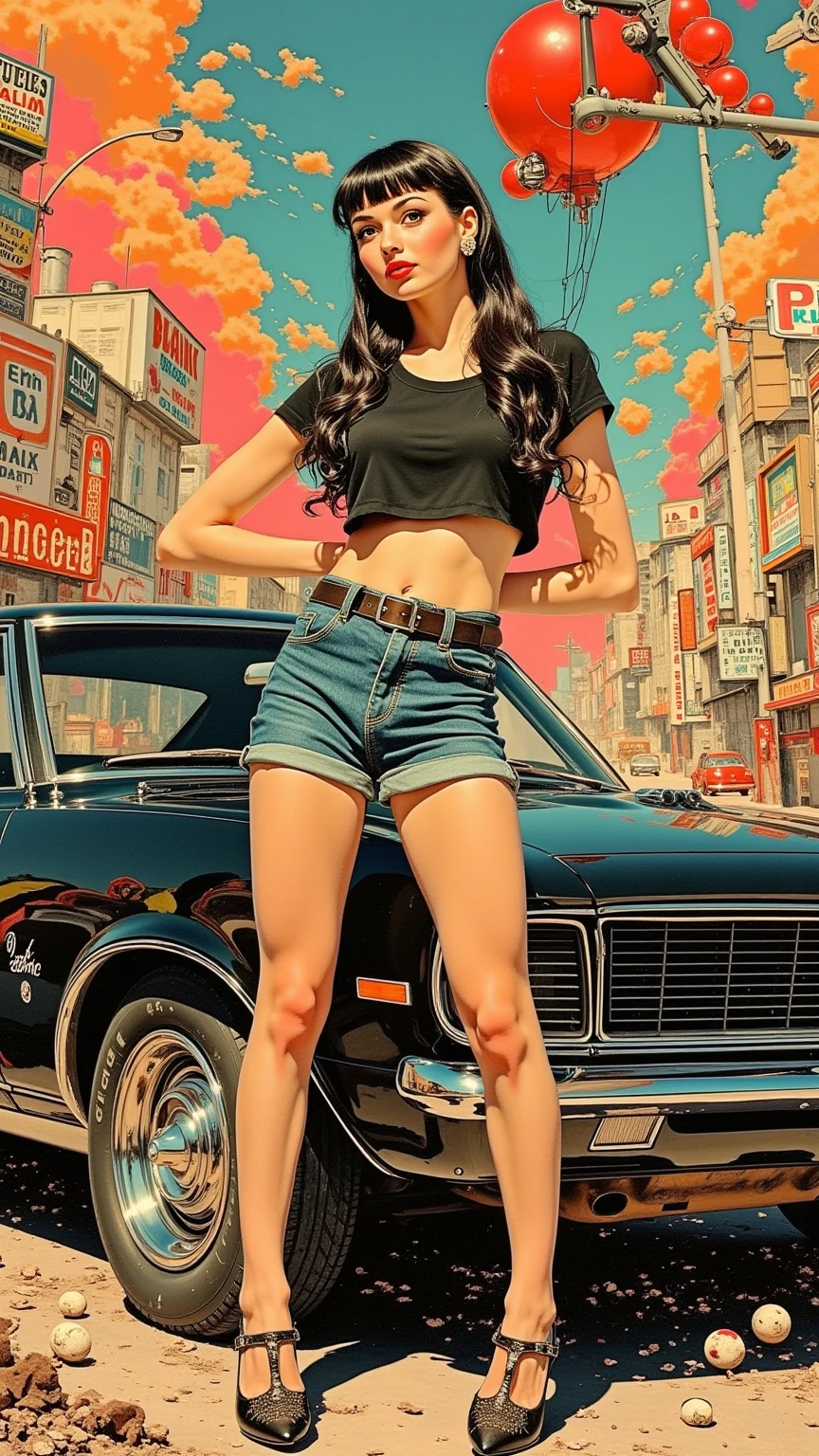 arafed woman (Adriana Lima :1.1) red lips, green eyes in a short skirt and a red jacket standing next to a blue car, chicano airbrush art, standing in front of lowrider, in style of digital illustration, in style of digital painting, inspired by Bruce Gilden, lowrider style, stylized digital illustration, style digital painting, digital art. @mariomaniacdude