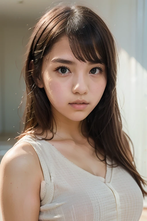 Highest quality、masterpiece、Ultra-high resolution、(Photorealistic:1.4)、RAW Photos、1 girl、Hair length、Brown Hair、Eye and facial details、White T-shirt、Dynamic Lighting、朝日に照らされたBeautiful Hair、White tank top、Low Key、Cowboy Shot、Beautiful Hair、Strong-minded face、Too beautiful hair