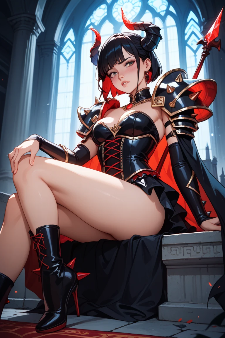 Woman, blue eyes, brunette hair gathered in a sloppy low bun, red tight Chinese dress, high black boots, dragon horns and tail, light lipstick, spear in hands, a short cape on the shoulders, cold emotionless gaxe