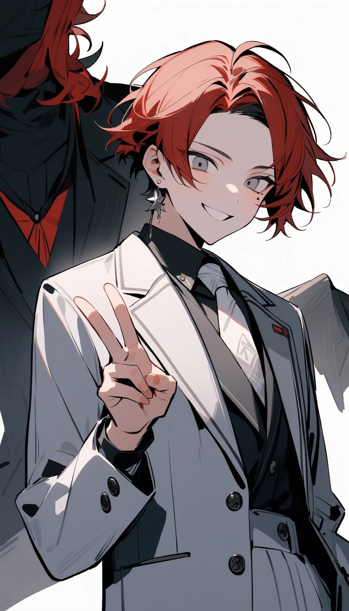 Young guy, short black or red hair, The eyes are red, The shape of the royal jester, ssmile, clown makeup, Masterpiece, hiquality