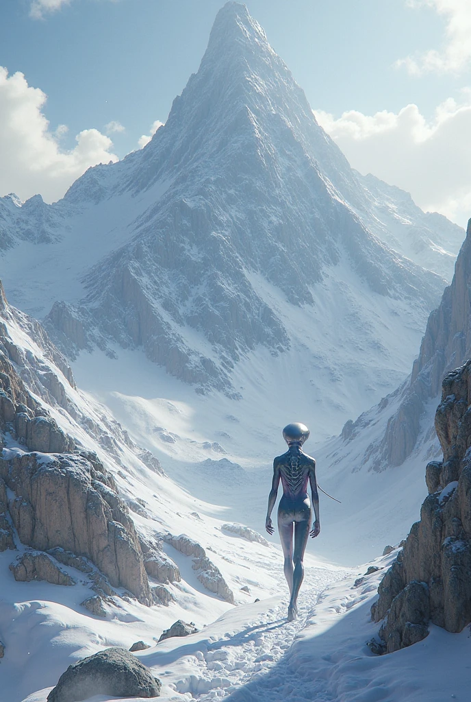 A pretty girl with extra long legs, wearing a silver spacesuit, standing on an endless surface of water, floating with mist,, with mountains in the background, no frontal fill light, dark light, rich in detail inspired by the movie Alien prequel Prometheus