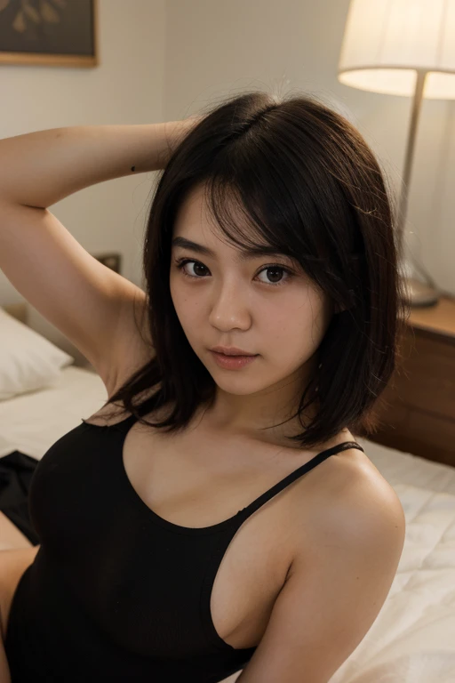 realistic, Hot girl wearing a navy blue bra, An absent-minded attitude, big breasts, cute sexy poses, In a small skyscraper bedroom at evening, mood light, Window with evening city view, raindrops on the window, Rainy , Volumetric light, movie light, depth of field, Bokeh, Masterpiece,