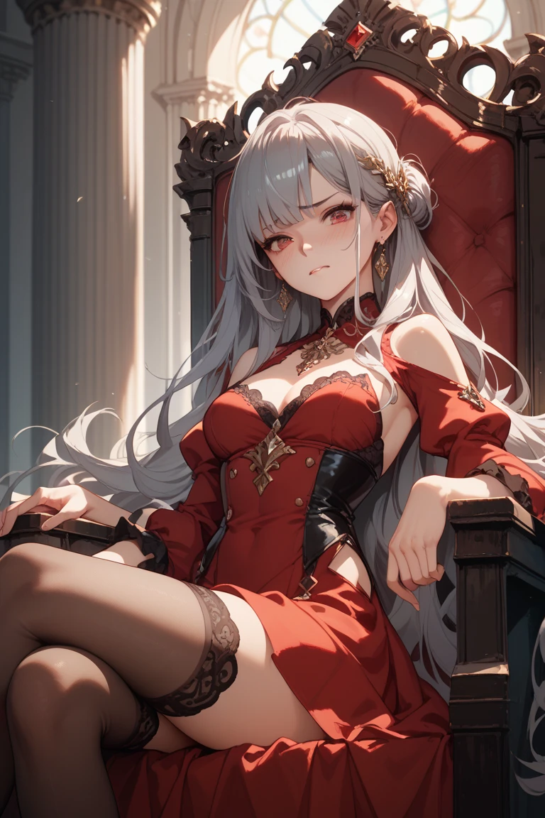 Empress, revealing dress, revealing breast, ((heterochromia)), ((red left eye)), ((blue right eye)), Dominant,arknights,Rosa (arknight),White bear ears, polar bear girl,heterochromia,Queen,Large breast,Official art,LONG hair,Looking at viewer,teasing, throne, ornate throne, royal throne, Sitting on throne,mommy,soft smile,1girl, highly detailed background, long hair, detailed eyelashes, royal dress, royal crown, big crown, wearing crown, jewelry,full body, royalty,