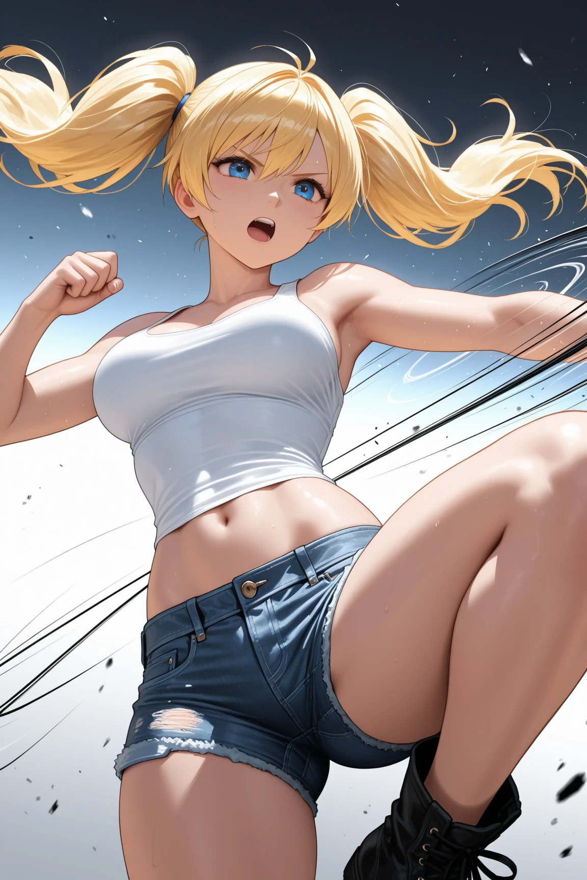 (masterpiece, best quality:1.2), 1girl, solo,standing_split,
long hair, White sleeveless tank top,blue denim shorts, (dirty, bruised, blood: 1.3), blue eyes, blonde, long hair, serious, angry, solo, (exposed torn clothes, torn clothes: 1.3), ruined city background,