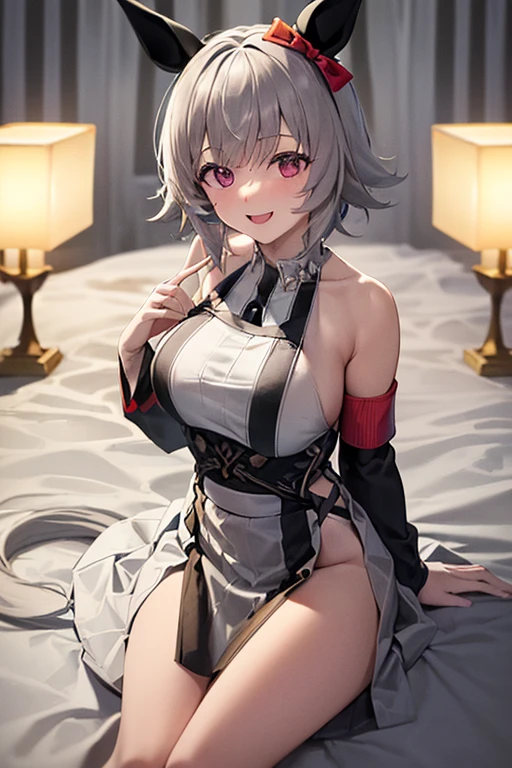 Young girl 10 years old, short silver bob hair, hair flower, sharp bangs between the eyes, she is heterochromatic, ((left eye yellow)) ((red right eye)) eyes large, provocative look, obscene expression, black neck collar, traditional chinese imperial clothing black with gold details, red mini skirt,((black thigh high socks.)) com as legs spread open mostrando a virilha, (legs spread open), medium breasts. Squat with legs in an M shape, squatting in M in the bedroom, crouched in a room. Japanese room. Viewpoint from below. Window with sunlight in the background, light reflecting on the sexy and sweaty body. (((sweat))) (work of art:1.2,) (best qualityer.)