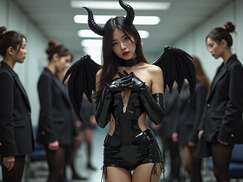 Full body Beautiful pretty girl in a black red dress with horns, Beautiful Succubus, gothic girl, Beautiful elegant demon queen., Evil has black angel wings., Succubus in a short-fitting dress, epic fantasy, captured on canon eos r 6, (Realistic face details), intricate detailed, Portrait of a beautiful girl, very high details, photo-hyper-realistic, 8k, UHD, hyperdetailed, (Dynamic Poses:1.4), background : dark castle , smoke , blazing fire look like hell, seduced face look like Anime , 