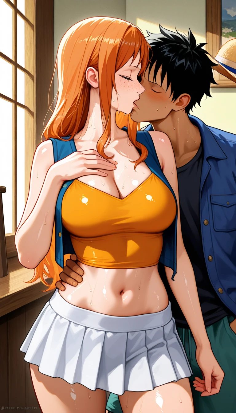 Masterpiece, best quality, from side, solo focus,nami, topless, nipples,on knees, fellatio,paizuri,big breasts, denim pants, love live style ,wet,wet hair,on ship,day sea