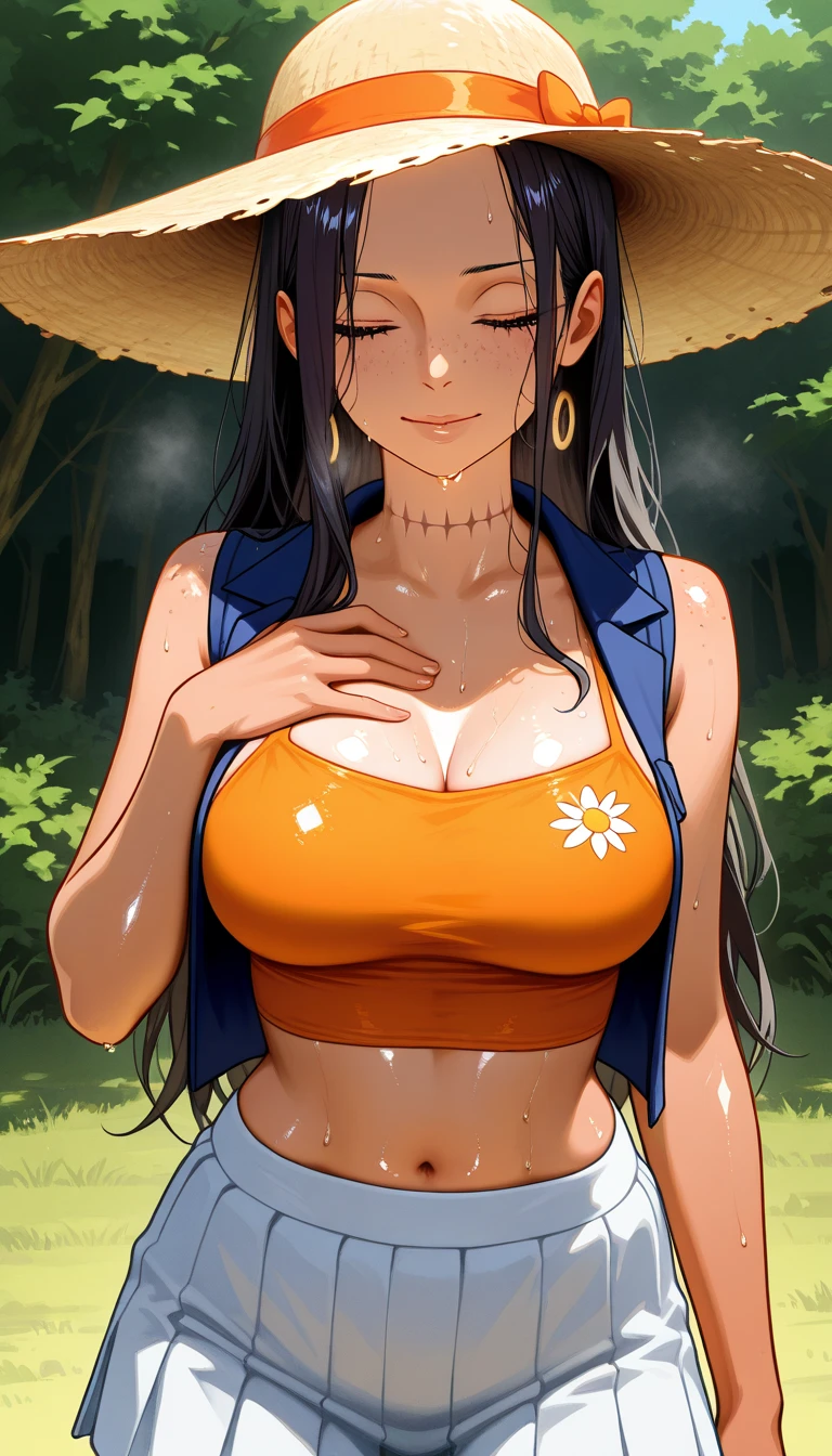 (masterpiece, best quality:1.2), extremely detailed, detailed hair, intricate details, finely detailed, [[soft lighting, volumetric lighting]], 1girl, (solo), looking at viewer, mature female, upper body, , squatting , thick thighs, huge breasts, (sundress dress sun hat, hair flower), , , (wavy hair,hair down ,widow's peak, mullet, multiple braids , black hair ,multicolored hair), smirk , sweat, freckles,blush , tan , spiral earrings , lipstick, makeup, black lipstick, (infernal palace ), <lora:shadV6.1LOL:1>