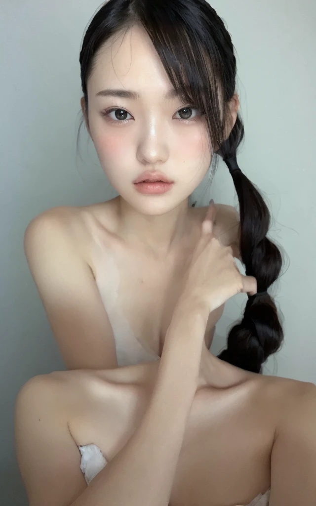 Best Quality, intricate details, 19 years old Wednesday Addams, standing in an empty hallway, HD,  jet black hair braided in two sided braids, gorgeous lean body、whole body, a model, pose sexy, subtle smile,flirting) (beauty face:1.2), Perfect face, perfect your hands, perfect chest, perfect hair, she is standing , kodak gold, Spread your legs, sexual arousal, sexual expression, shiny skin,vaginal discharge, topless, perfect small perky breasts, visible crotch, legs open, Crotch slit、Focus on crotch, 、fullnude,shaved off、Show genitals, genitals are visible，Open your legs,staring at the camera, The pubic shape is transparent and clear, soaked in sweat, nice butt、perfect buttocks、eyes from below、whole body