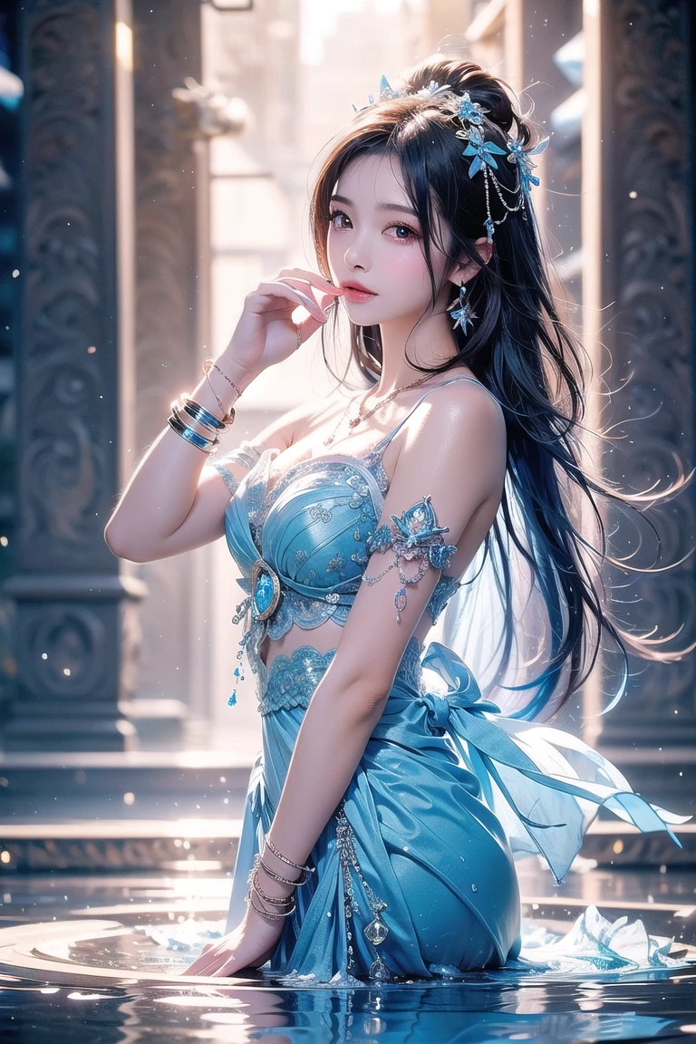 (best quality,realistic:1.37),ultra-detailed,professional,portrait,studio lighting,a woman in a long sheer skirt, detailed eyes, detailed lips, sensual posing, graceful, elegant, soft lighting, flowing fabric, ethereal, fine details, delicate features, feminine, enchanting, sophisticated colors, subtle contrasts, dreamlike atmosphere, romantic ambiance, high-res, vivid colors, beautiful composition