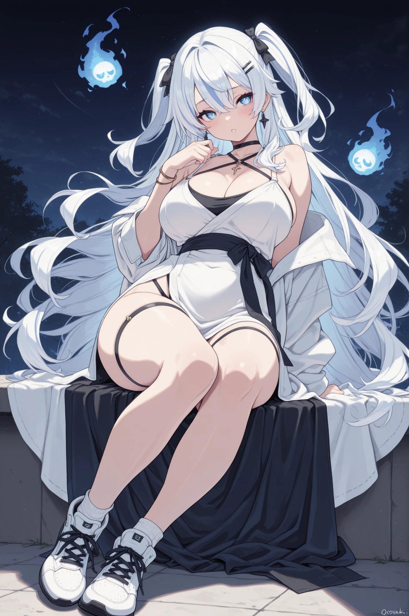 An image where Levi Ackerman is surrounding a girl with waist-length white hair, light blue eyes with star pupils white skin big breasts small waist thighs formed at more or less the age of 15 to 18 years.