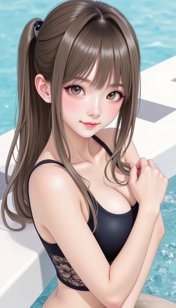 1 girl in、Sitting on the floor、A dark-haired、a smile、watching at viewers、schools、in poolside、swim wears、Detailed feel、Detailed Cloth Texture、beautifull detailed face