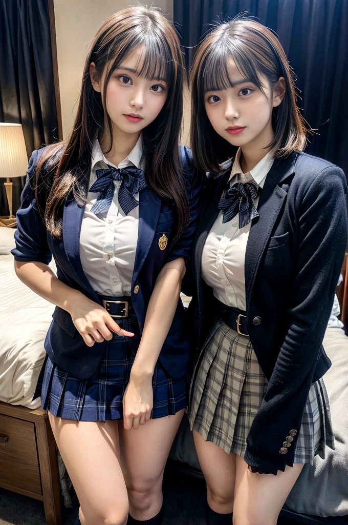 (8K, Raw photography, top-quality, masterpiece:1.2), master piece, best quality, illustration, Super detailed, fine details, High resolution, 8K,wall paper, perfect dynamic composition,(Details High quality, realistic depiction of eyes:1.3), ((2 girls, 2 schoolgirls)), The background is a luxury hotel room、High school girl uniform、blazer 、Super Short Check Uniform Skirt、Navy blue high socks、garterbelts、Colossal tits、Disturbed uniform, Play with each other,Touching each other's bodies,Touching the body of the girl next door, short bob hair, black hair color, huge breasts, Big Natural Color Lip, bold sexy pose, (perfect body shape), crying a little、cold gaze, Beautiful makeup,glitter makeup,Cutest 18 years old, beautiful legs, hposing Gravure Idol, Voluptuous thighs