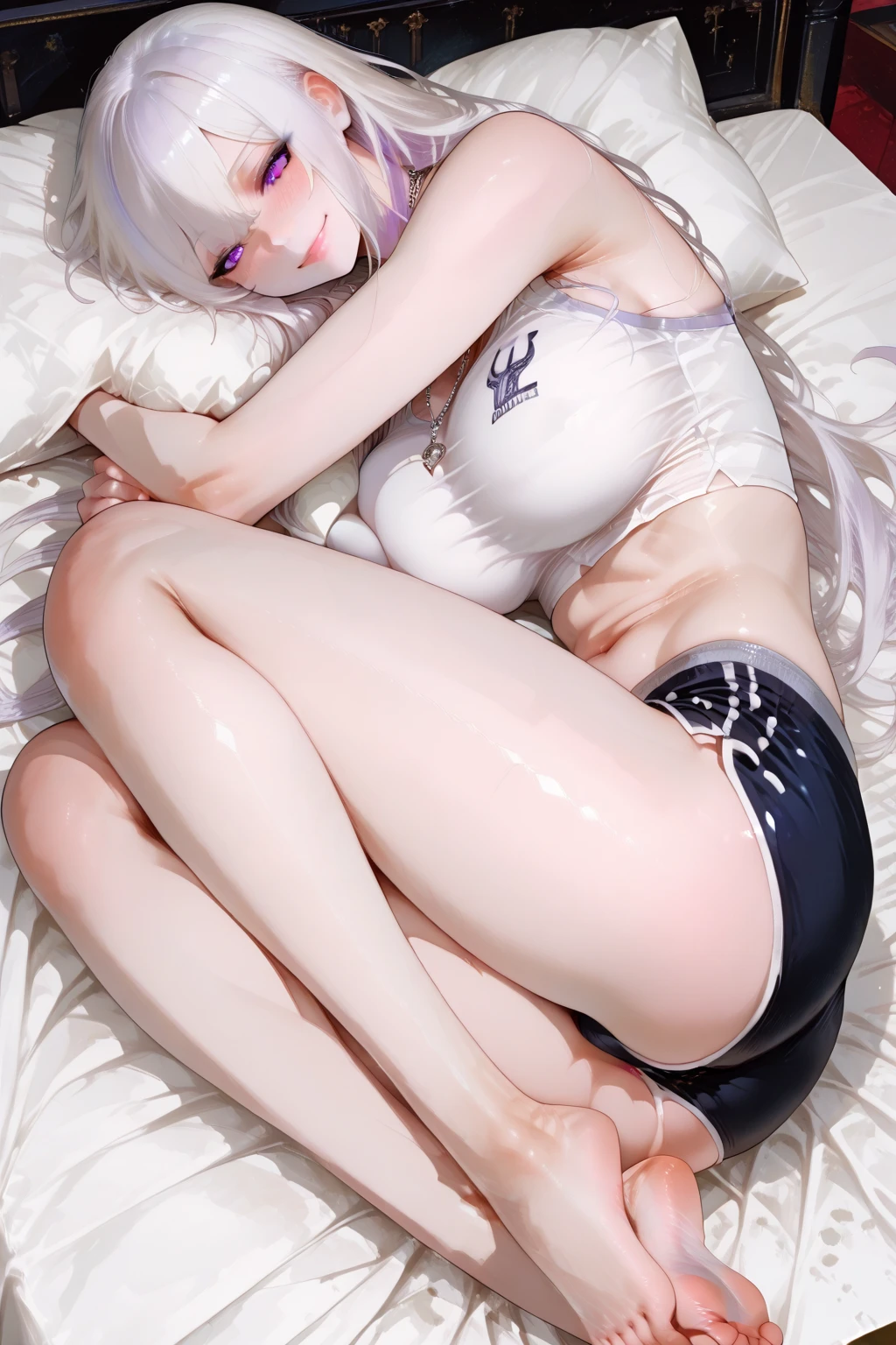 anime big breast,A woman lies on a bed,schoolgirls,White color hair,Expose breasts exposed,The upper part of the body,Need,elevation,There is lubricating oil all over the body,There is sexual fluid on the body --auto