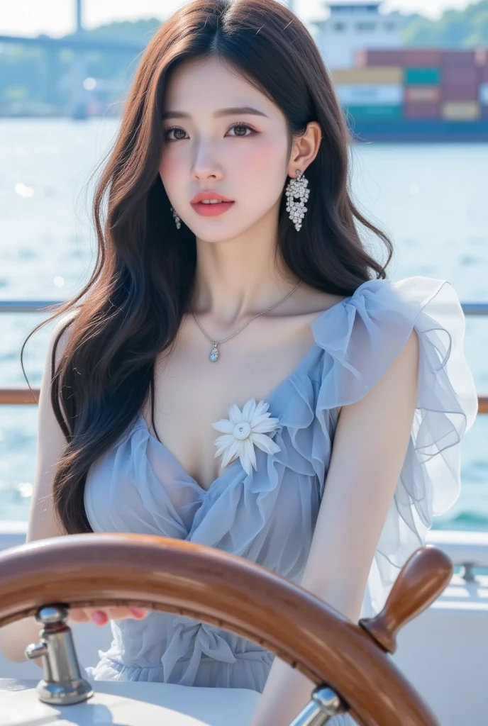girl, Solo, Jewelry, Long hair, Necklace, earrings, gaze at the audience, Cowboy Camera, off shoulders, Wavy Hair, Bare shoulders, The overall picture is bright, White wall background, Gray eyes, Lips, Parted lips, Skirt, frilld, (Red dress :1.3), Colored balloons, Green grass、reddish、Yellow balloons, winnie the pooh, (flowers background :1.5),Huge breasts、kawaii、Long hair fluttering in the wind、wet white wear、Embarrassed face、Put your hands on your chest、companion、