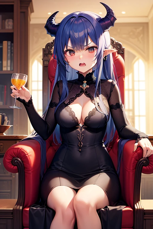 morrigan, Teal hair , by the wide , a white blouse , red leather pants , unbuttoned blouse showing her bare breasts, big breasts, lustful look, he has bat wings on his head, she is sitting on a throne in a castle, while drinking wine, wine spilled on their breasts, human ears, smiling.