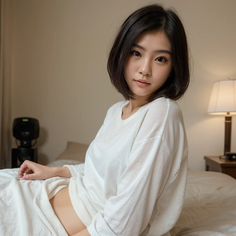Chinese women,slightly healthy,sitting,half-potrait,gray top,deep cleveage,no expresion,