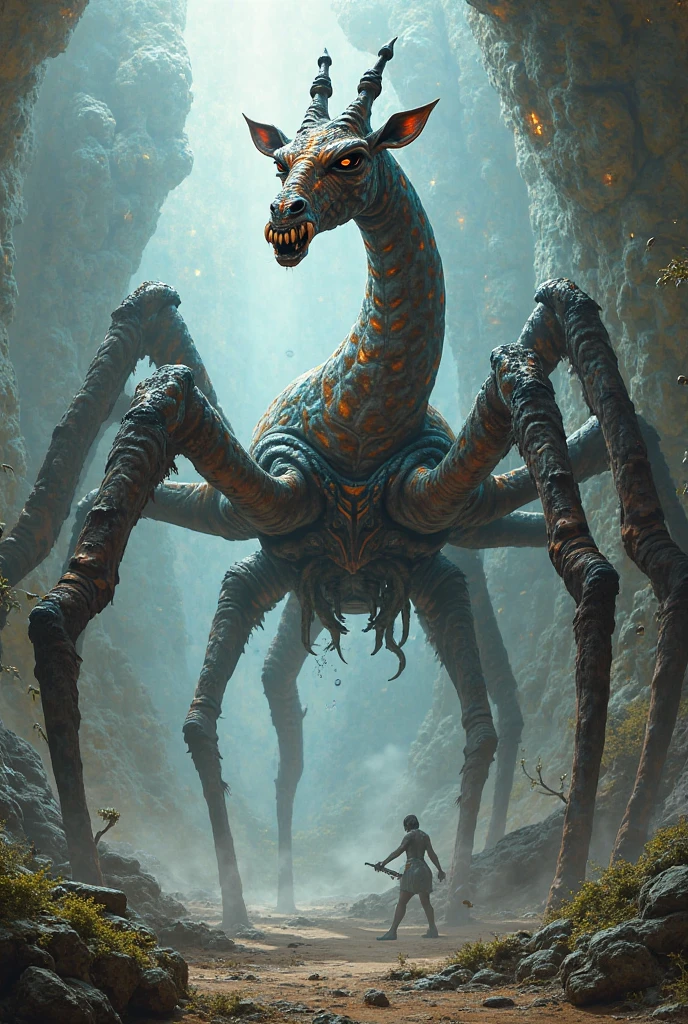 The Kaelythra is a creature of colossal proportions and aberrant appearance., that defies the laws of nature and imagination. It has a long and segmented body., similar to that of a giant centipede, covered in iridescent scales that change color depending on their environment, turning from the deepest black to a dazzling white. Each segment of its body is adorned with crystalline spines., resembling quartz needles several meters long, capable of absorbing light and reflecting it in a kaleidoscope of blinding colors.
Several rows of arm-like appendages emerge from its back., ending in claws as sharp as obsidian blades. Instead of a single head, The Kaelythra has three bulbous-looking protuberances, each with a different mouth. One is full of fangs like a shark, Another has a huge hole that emits a deafening roar., and the third is made up of tentacles that secrete a poisonous and hallucinogenic mist..
his eyes, distributed along its body in rows, They are hundreds of tiny golden spheres that glow with an unnatural intelligence.. Each eye can move independently, giving him 360-degree vision and allowing him to anticipate his enemies' movements.
His legs, in indefinite number, They resemble bone pillars that are driven into the earth and rock., capable of passing through any material, which allows it to move both on land and in the air, due to a levitatory energy generated by etheric crystals embedded in his body.