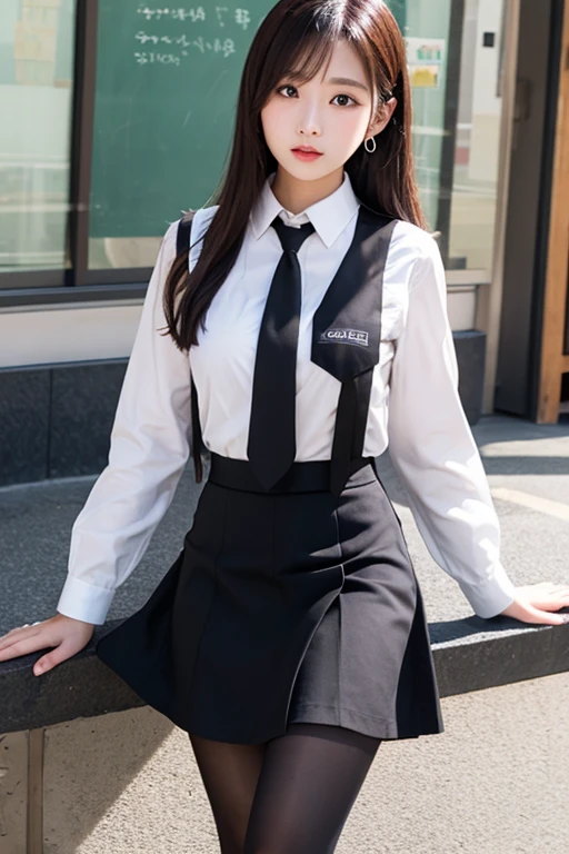 realistic, high resolution, 1 woman, butt up, beautiful eyes, gray hair, long hair, round eyes, collar shirt, belly button visible, black tie, black skirt, city street, Short skirts that show panties, dressed like a student