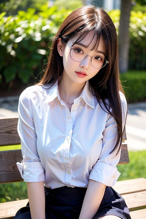 (Highest quality, 8K, masterpiece ), A 12-year-old junior high school student with a young face、 The eyes are large and clear、Black Hair、Wearing a beige mask:1.3、White Button Down Shirt、Glamour thighs:1.2、, Highly detailed face, double eyelid, Strong natural light、whole body、Sexy thighs:1.2、Side angle,Diagonal horizontal angle:1.2、Black 、On the bed、thin frame glasses