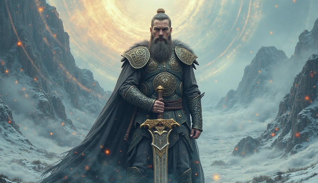 (extremely detailed CG unity 8k wallpaper), dramatic framed shot of viking warrior wearing heavy armor, 35mm, torches, snow, rain, cloudy, dark, most beautiful artwork in the world, professional majestic oil painting by Ed Blinkey, Atey Ghailan, Studio Ghibli, by Jeremy Mann, Greg Manchess, Antonio Moro, trending on ArtStation, trending on CGSociety, Intricate, High Detail, Sharp focus, dramatic, photorealistic painting art by midjourney and greg rutkowski