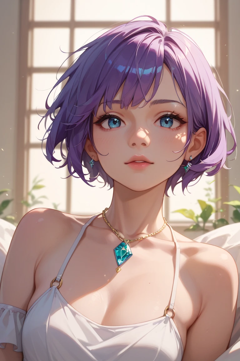 A delicate and meticulous girl,Realistic skin,star-kafka,short blue-purple hair,sophisticated haircut,Sharp blue-purple eyes,It's beautiful to wear a purple wedding dress,symetrical eyes,Natural soft light,The light from the back window is backlighted,Look at the audience,Center the lens,Look at the face and waist from the front,Beautiful and well-proportioned,Fashion portrait