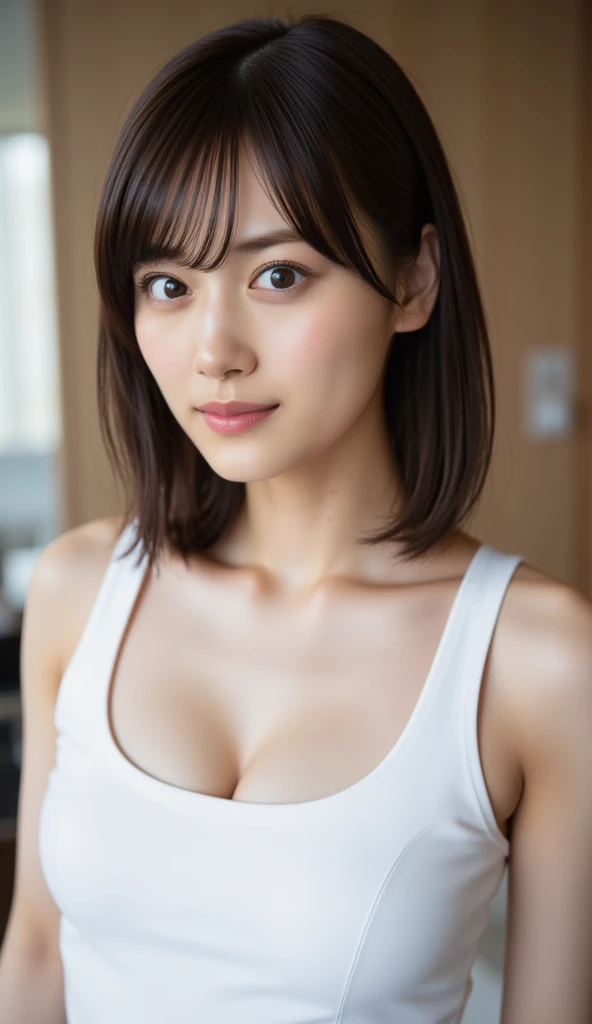 1 girl, alone, Japanese girl, high school girl, highest quality, 8k, High resolution, Ultra-detailed, Realistic, beauty, Dark brown hair, Medium Hair, 18-year-old, , Portraiture, Blunt bangs, Downward ponytail, Detailed face, Shiny skin:1.2, (((Japanese ,))),White bra:1.7,Black panties:1.3,