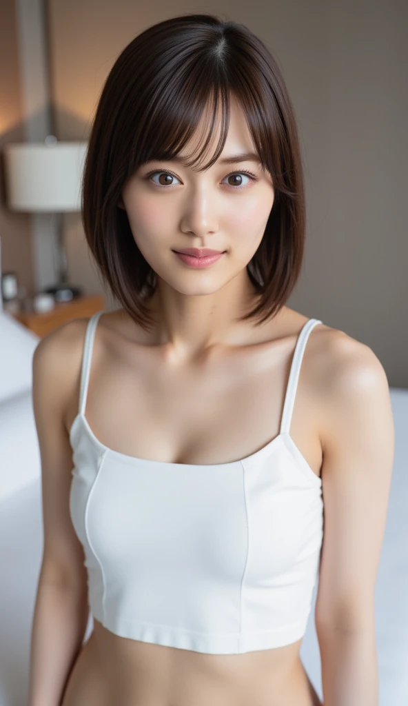 (masterpiece:1.2), Very detailed, Ultra-high resolution, (Realistic, photo Realistic:1.6), High-resolution RAW color photos, Professional photos, Dramatic lighting, 映画のFunctionalなシーン、Sharp focus:1.2, (Very detailed顔と肌の質感, Very beautiful eyes, Glossのある肌, Glowing Skin, Glowing Skin, Shining Face, Gloss, Oily skin, greasy face, Oily skin, greasy face, 強いGloss), Perfect Anatomy, Very detailed背景, 1 female, 25-year-old woman, Japanese women,Height: 168cm, (Short Bob Hair, Straight hair, bangs:1.3, Brown Hair), (Lean:Weight 1.0), (Flat Chest:1.6),(Slender legs:1.4)、(((dim:1.4)),((Love each other))、(Erotic), ((Functional)), ((Glowing Skin)),(((Browsing Caution))),Earrings,,(((Sex)))),((In between my legs))