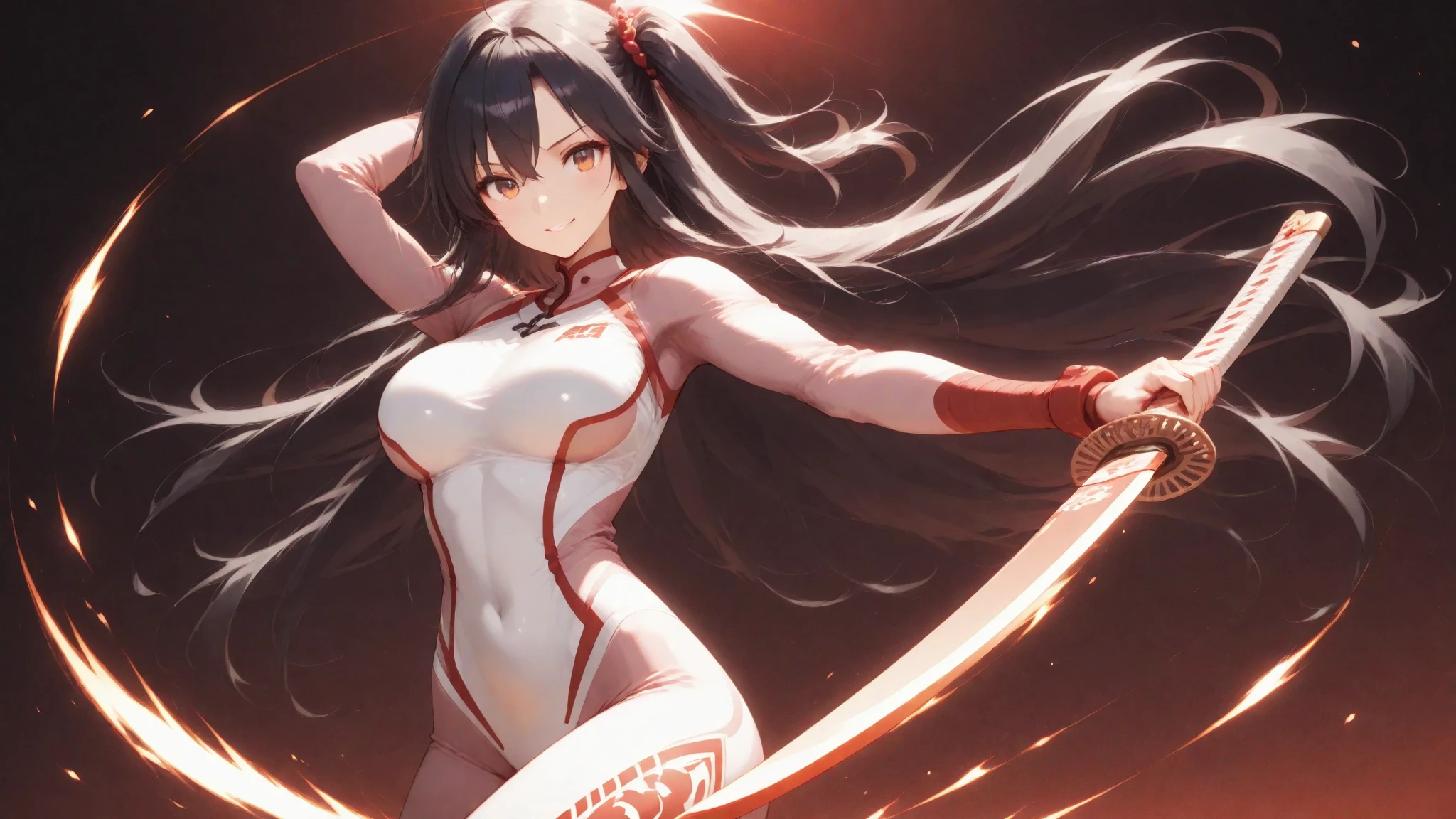long black hair、straight hair、Beautiful woman、black eyes、bullish look、（red）pilot suit、minerva&#39;s wingisuzu、breast enhancement、anime touch、hand drawn、classic、watercolor painting、soft focus