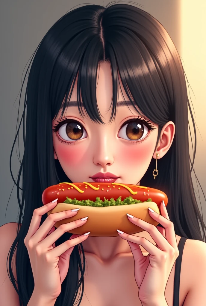 Masutepiece、highest qualityr、high resolusion、Eleonora Pavinato, 23 years old, Younger headshot, long Black hair, realistic skin, beautiful refined skin, real skin texture, Harajuku street, tasting street food, casual attire, vibrant food stall background, candid shot, , holding , holding breasts