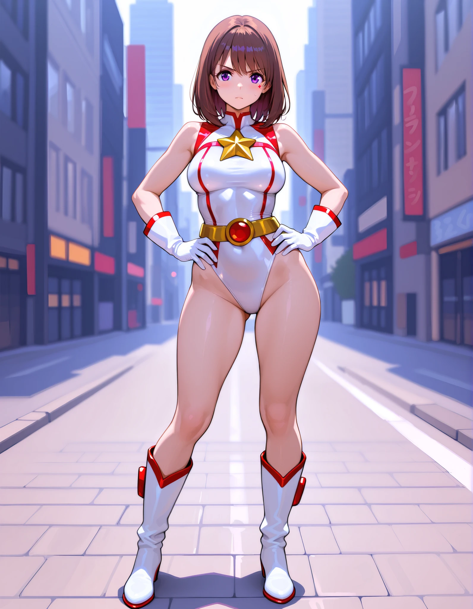 1girl, solo, bob hair, brown hair, purple eyes, (full body), standing, perfect hands, hires, fine details, hands on hip, (sleeveless blue, white and red leotard with yellow accents and star emblem embedded in chest area), matching white gloves, bare legs, superhero, tokyo city backdrop, matching boots, medium breasts, 20 age, belt