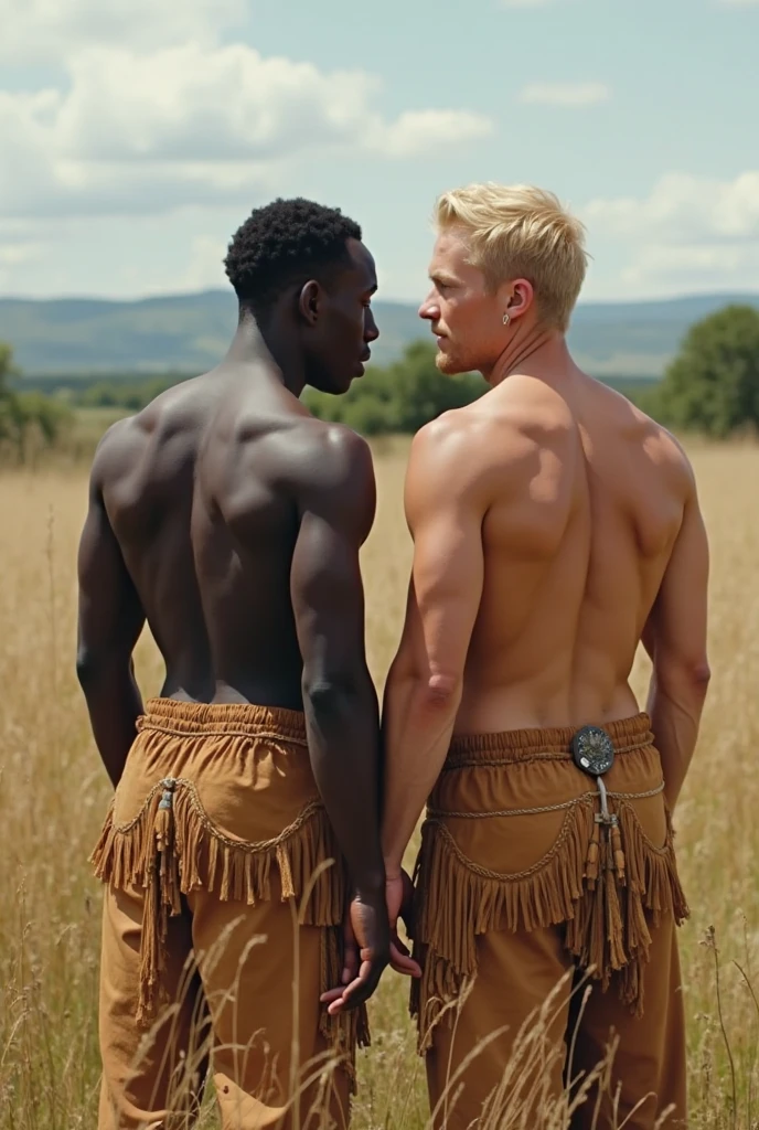 a tall man in front of white underwear showing a large volume , dark man, appearing to be homeless, with a cigarette in hand, in a thicket, with body hair and next to him a young blond man kneeling ready to touch his manhood, this young blond guy is wearing a jock strap shirtless and looking directly at the tall man's underwear