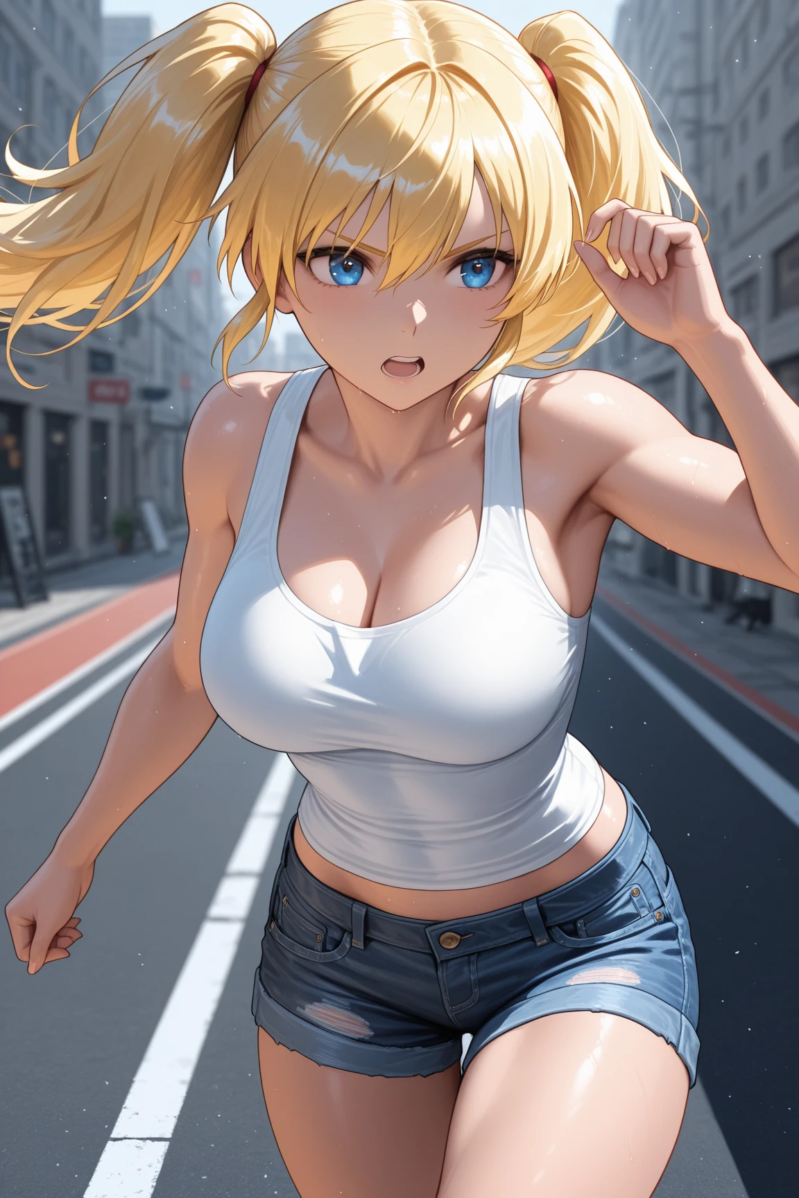 (Tsunade), 1woman, wearing a modern style t-shirt and jeans, walking at city street , blonde hair, 8k, high detailed, high quality