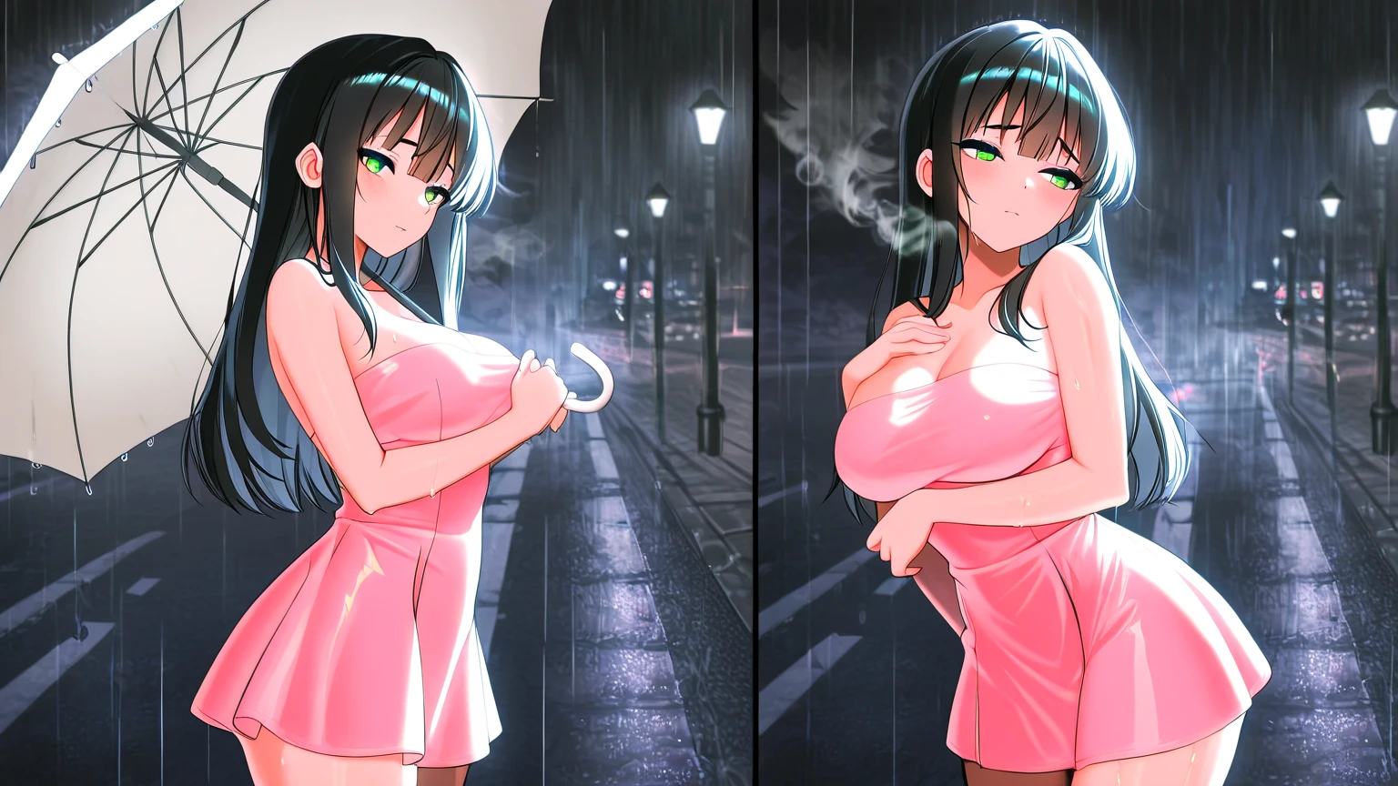1girl, master nemesis, to love-ru darkness, black hair, very long hair, yellow eyes, dark skin, ribbon, hair ribbon, , highly detailed, masterpiece, best quality, anime style, empty eyes Running, wearing nothing, big anime eyes, , shiny hair, bare-skin, navel, the groin, BREAK in front of convenience store, large breasts、　Nipples, nsfw, nipple , Heavy snowfall. 12years old