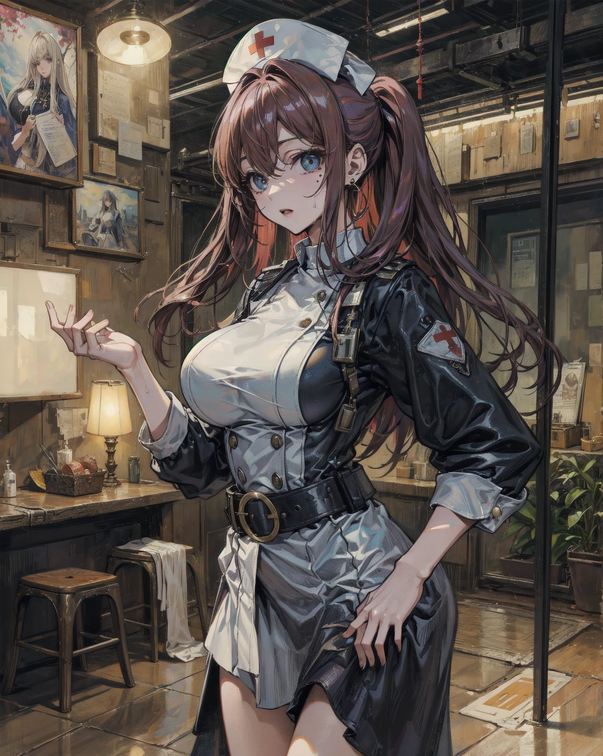 18-year-old girl，Baby Face，Crimson short-haired，ponytail hairstyle，Smile，Huge breasts，cleavage，Sheer red sleeveless top，中間留空露出cleavage，Soaked all over，Blushing，green eyes，Female spy，red miniskirt，White gloves，White hand sleeves，White boots，Science fiction，Future，Inside the mecha combat robot warehouse，robot driver，Pistol hanging on waist，No bangs，Wearing earrings only on one side