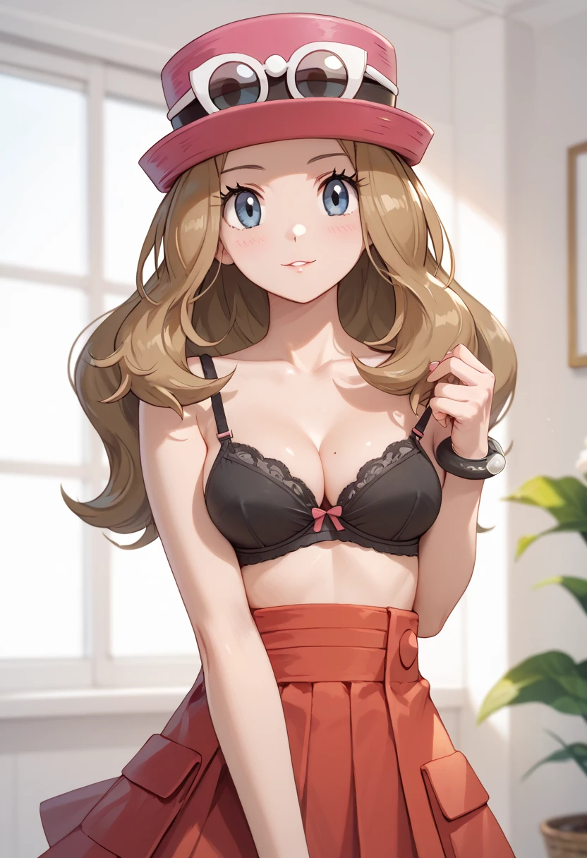 Packing Serena, 1 girl, alone, blue eyes, blonde hair, long hair, low-tied long hair, have, pink hat,, black stockings,
smile,closed mouth,cowboy shot,sitting,
forest,outdoor,
(very detailed, Beautiful and dense face, masterpiece, highest quality) cinematic lighting,、big breasts、black bra、Black twine