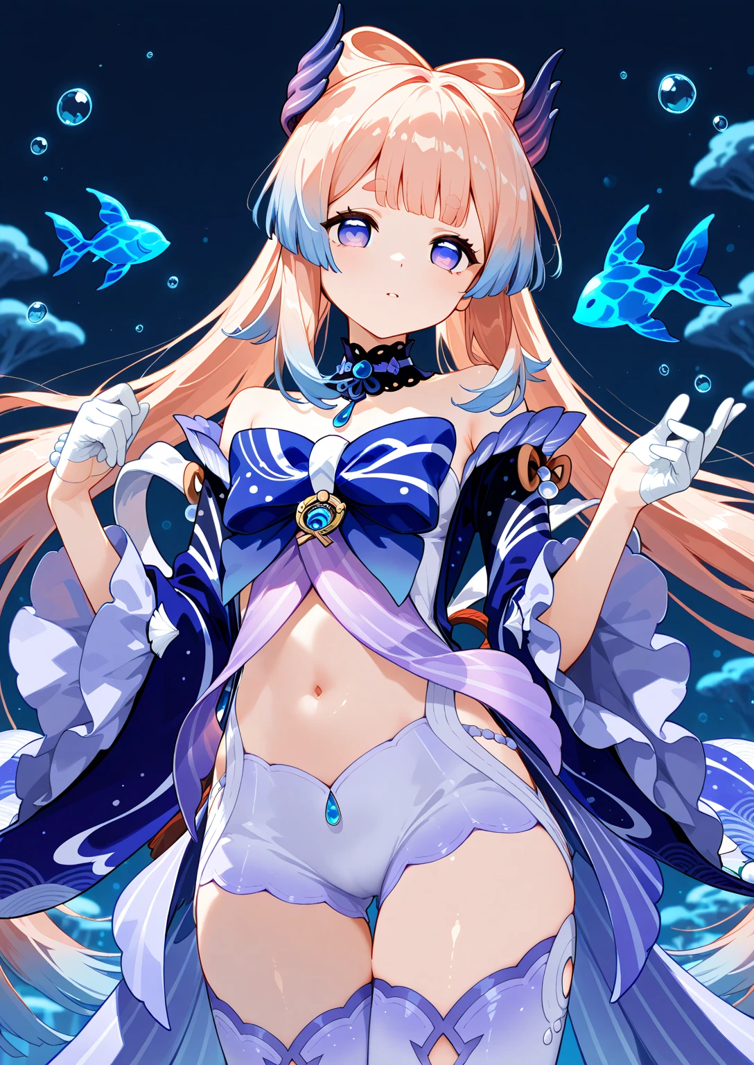 masterpiece, best quality, very aesthetic, absurdres, 1girl, mature_lady, ,,sangonomiya_kokomi(genshin_impact), blue_hair, pink_hair, multicolored_eyes, long_hair, bow-shaped_hair,  colored_tips, bare_shoulders, detached_sleeves, long_sleeves, wide_sleeves, gloves, half_gloves, white_gloves, thighhighs, white_thighhighs,,under sea,blur background,background defocus,areola_slip