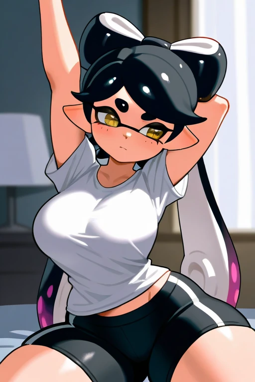 Score_9_up, score_8_up, score_7_up, high quality, 1girl, solo, (([topless, no top on,  LARGE exposed BREASTS, PERFECT perky NIPPLES,]))) tootie, black hair, twintails, hairband, glasses, , hands on hip, living room