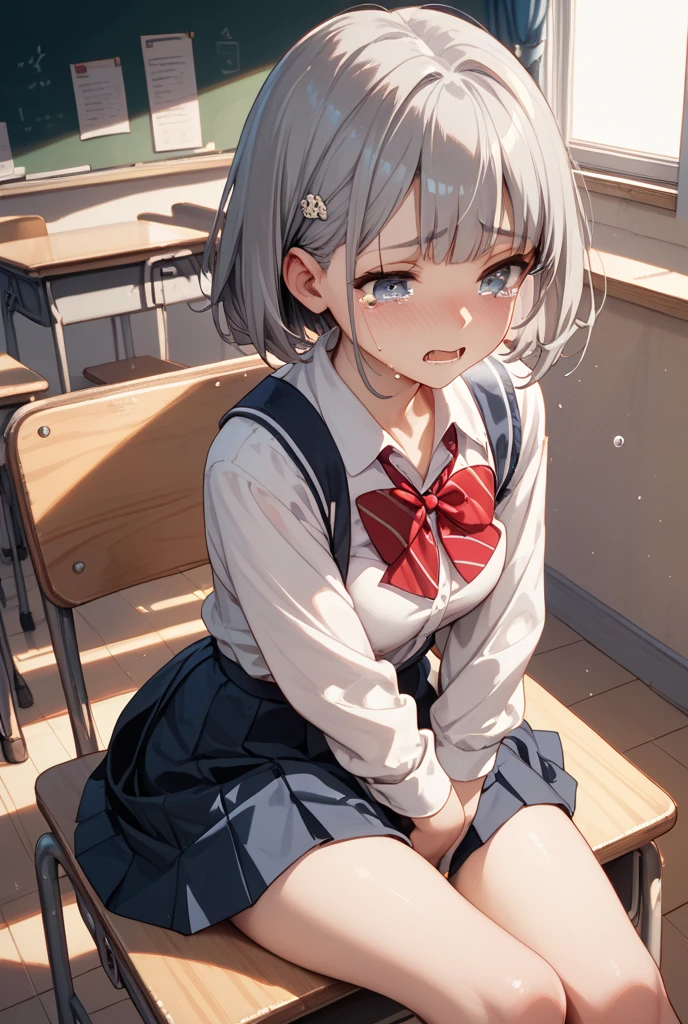 headband, white shirt, bow, blue vest, pleated skirt, fingerless gloves, socks,(white panty),sitting,spread legs,panty shot,sweat,smaile,open mouth,one eye closed wink,masterpiece,Noise Reduction,perfect anatomy,high resolution, ultra-detailed, ultra-detailed face,game cg,dutch angle ,beautiful detailed eyes,visualart,five fingers, perfect hands, perfect lighting,