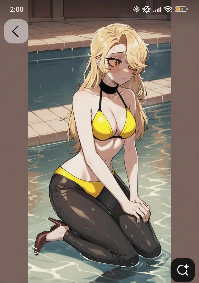(The best quality,4k,High Resolutions),(realist:1.37), Blonde, long hair, Shy and blushing,sexy, wet bikini,black lingerie,Long black stockings,wet,soggy,open legs,water,(Photo ),
(whole body,cheered up),(vivid colors),(soft lighting)