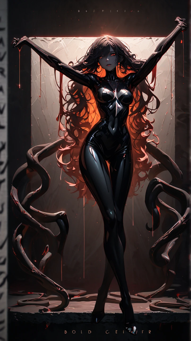 a close up of a slime woman, Black and Red substance, slime and tentacles, loish |, face, anime monster girl, fangs and slime, goo, toxic slime, oozing black goo, dripping hair, full of redish liquid, Black ooze, monstergirl, rossdraws cartoon vibrant