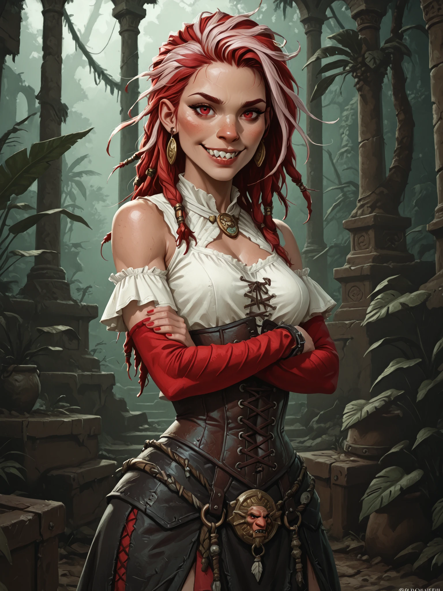 Curious smile. Slender body. Lean body-type. Marble-White skin. Cute 18-year-old Aztec and Indonesian girl with Asian red eyes and unnaturally sharp teeth and dreadlocks (white and red hair). Intense red eyes. Sharp and shark-like teeth. She has a cute and beautiful face. She has a cute and broad nose. She has a round and young face with a pointy chin. Pointy chin. Her body is athletic with abs and A-Cup. She wears an intricate leather high-waist-skirt with laced corset, and a white blouse, and leather cuffs. Background: medieval jungle ruins. Realistic lighting. DnD art-style. fake box art, semi-realistic, Looking at the viewer. Drawn like the artist Bob Kehl.