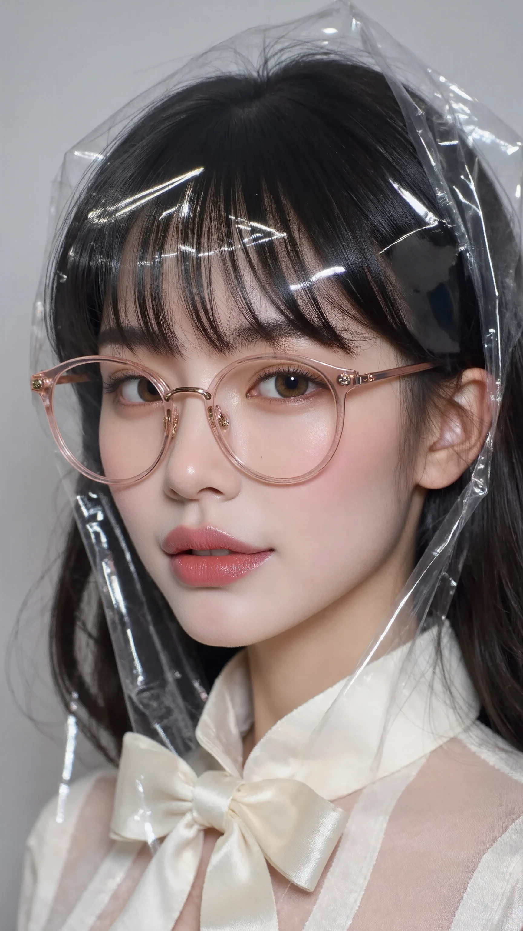 Surreal art portrait of Asian female model recreates luxury doll image, wearing transparent rimmed eye glasses with delicate pink gold rim. Non-transparent lenses add artificial look to large round eyes without flashing back. Frame perfectly placed on the high bridge of the nose, on the sides of the frame gently hugs the temples creating a balanced curve as designed specifically for the doll. Face retains characteristic empty expression: eyes wide open dull rings behind the lens, glossy pink lips slightly open, blush evenly rounded as airbrush. Porcelain smooth leather with artificial shine. Black hair with stiff wavy curls, sideways deflected in a classic doll style. posture : head tilted 15 degrees to the right, hard straight shoulders, loose hands. Wear a two-strand ivory silk dress with a flat chest bow phiu. All wrapped in shiny transparent plastic, creates many geometric folds that reflect light. Minimalist background with cold studio lighting that sparkles on the frame and the plastic surface. Overall atmosphere like a luxury collection doll showroom. Special detail about the glasses:
- Transparent frame with thin rose gold trim
- Amorphous lenses increase eye size
- Delicate light reflection on the glass surface
- Perfect glass placement angle like a display doll
- Create an extra layer of separation between the lifeless gaze and the viewer