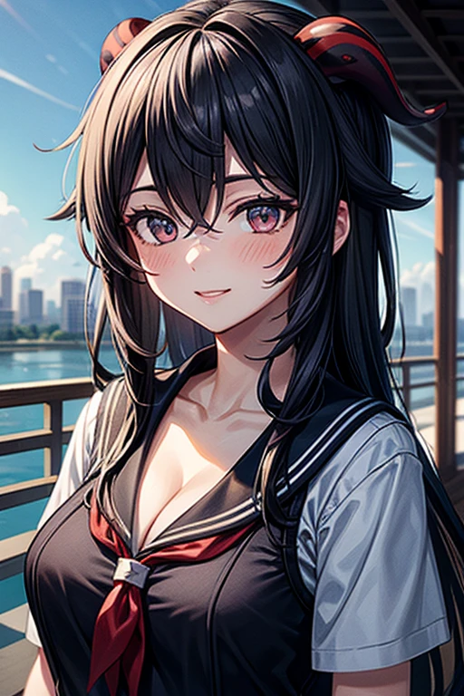 A junior high school student wearing an off-the-shoulder sweater、Sitting under a cherry tree,Big Breasts、Long black hair