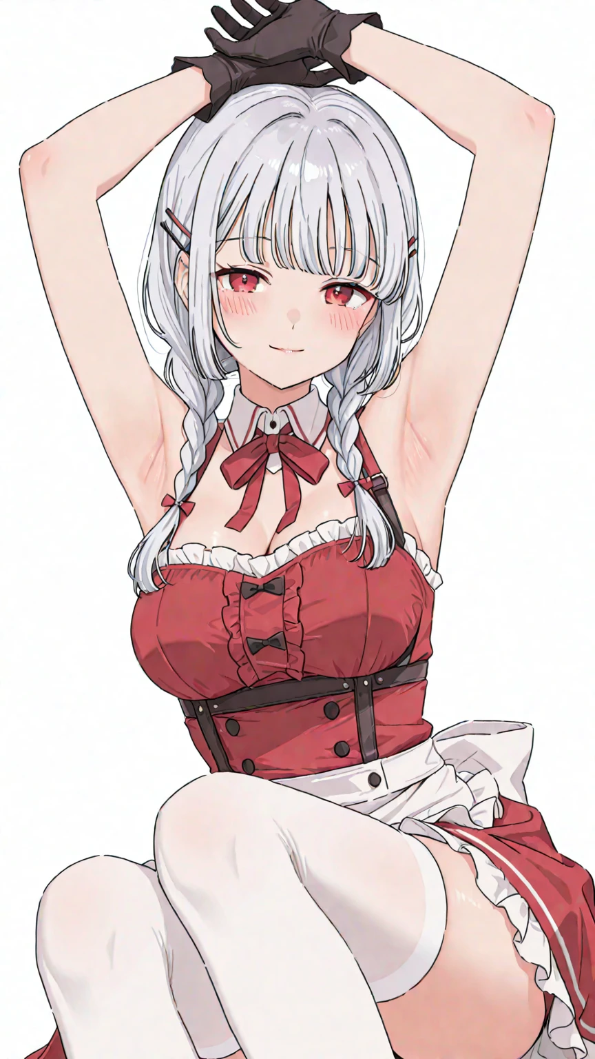 best quality, amazing quality, very aesthetic, absurdres, (1girl, mutsuki, blue archive, solo, red eyes, white hair, side ponytail), (realistic face:0.7), (smile, torn skirt), (cowboy shot), (glowing eyes:1.2), (half closed eyes:0.9), (thigh),perfect face, 4k, extremely detailed eyes, perfect anatomy, light rays, extremely delicate body, smooth skin, (gray background:1.5), clear eyes, beautiful face, small breasts, (Chiaroscuro:1.5), (highres:1.8), cinematic