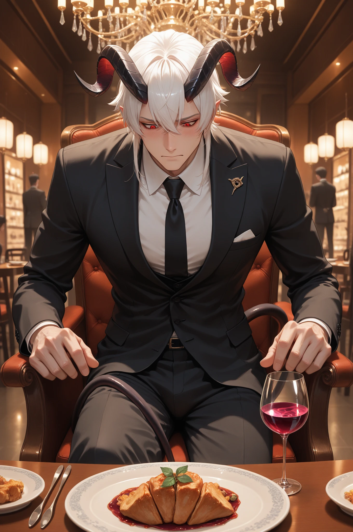 score_9, score_8_up, score_7_up, score_6_up, score_5_up, score_4_up, best quality, highres, detailed background, inside, classy, restaurant, sofa, table, wine glass BREAK
<lora:OberonWF_PDXL:0.7> oberonwf, white body, yellow highlights, eyeless, mouthless, looking aside, formal wear, black suit, black jacket, red necktie, black pants, crossed arms, sitting