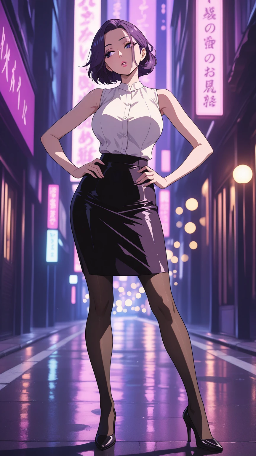 anime、(((City at dusk)))、One Woman、Short Hair、See-through blouse、Blue tight skirt、Hair fluttering in the wind、Full body portrait、Green Hair、Grey high heels、Heavy rain、Soaking wet、
