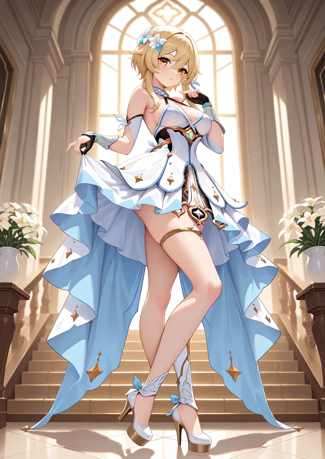 high quality, 8k quality, ultra detail, 1girl, Makeup, highest quality, blonde hair, emerald green eyes, high heel sandals, white dress, standing pose, full body shot, bare legs